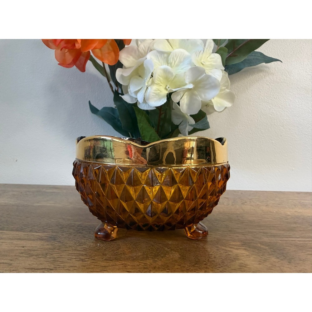 Vintage Indiana Glass Diamond Point Amber Gold Trim Footed Candy Bowl